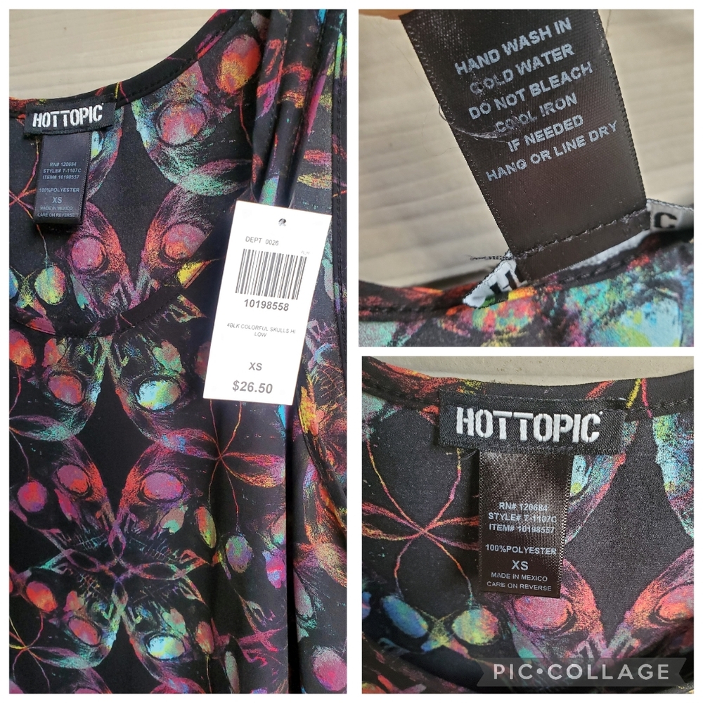 Hot Topic Trippy Graphic Multicolored Mirrored Skulls Shark-bite Hi-low Tank Top - Picture 2 of 8